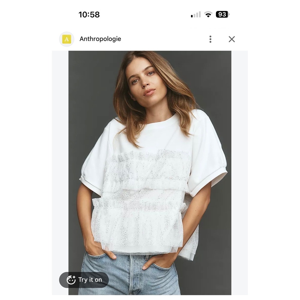 Maeve Anthropologie White Tulle Glitter Ruffle Short Sleeve Sweatshirt Top XS 86